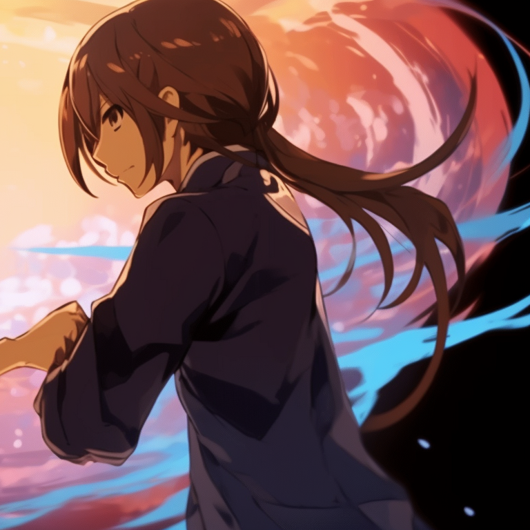 Two characters in combat stances, flowing lines and intense auras. inspirational matching gif pfp pfp for discord.