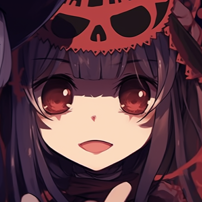 Two characters sporting scary masks, dark colors, and gothic style. cool halloween themed matching pfp girl pfp for discord.