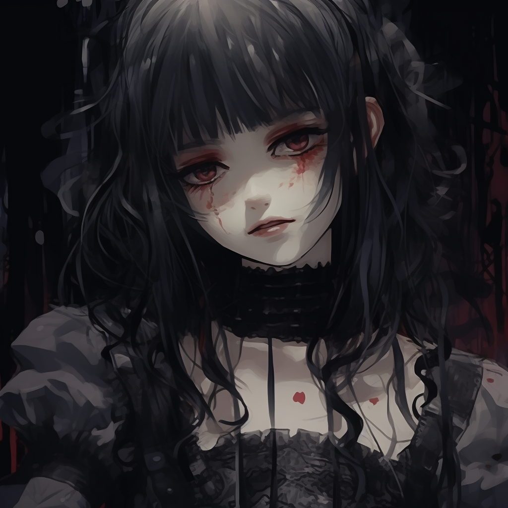 Goth anime girl illuminated by candle light, creating a haunting atmosphere with warm tones and darker shading. goth anime girl visuals pfp for discord.