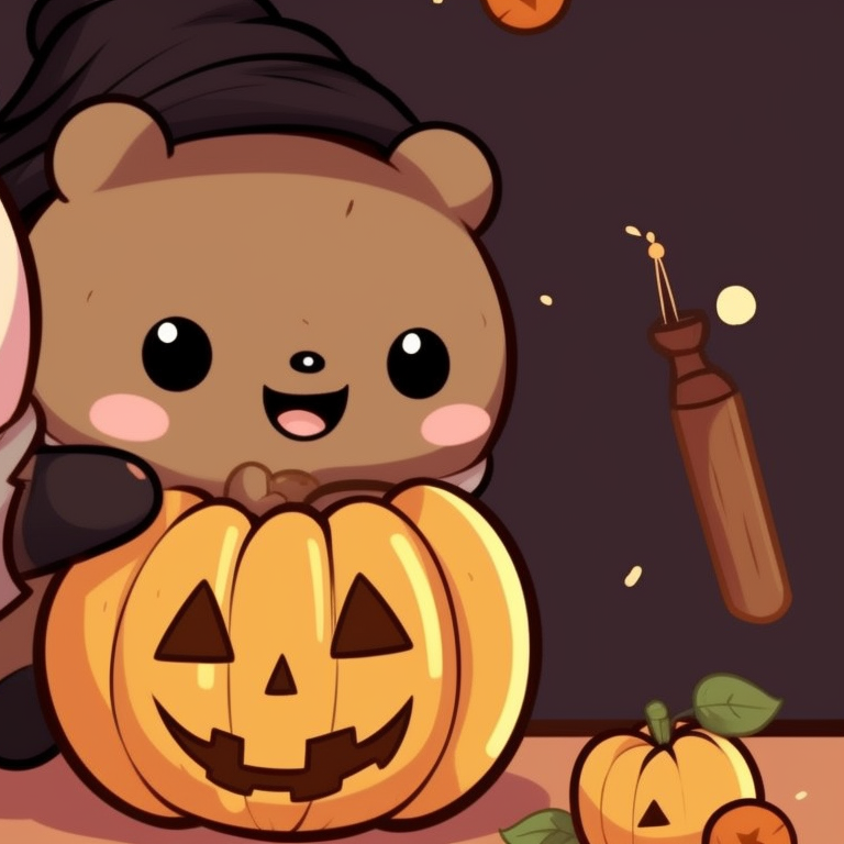 Dark themed two bear characters in Mocha and Milk hues under a moonlit Halloween night. mocha bear and milk bear halloween themed matching pfp pfp for discord.