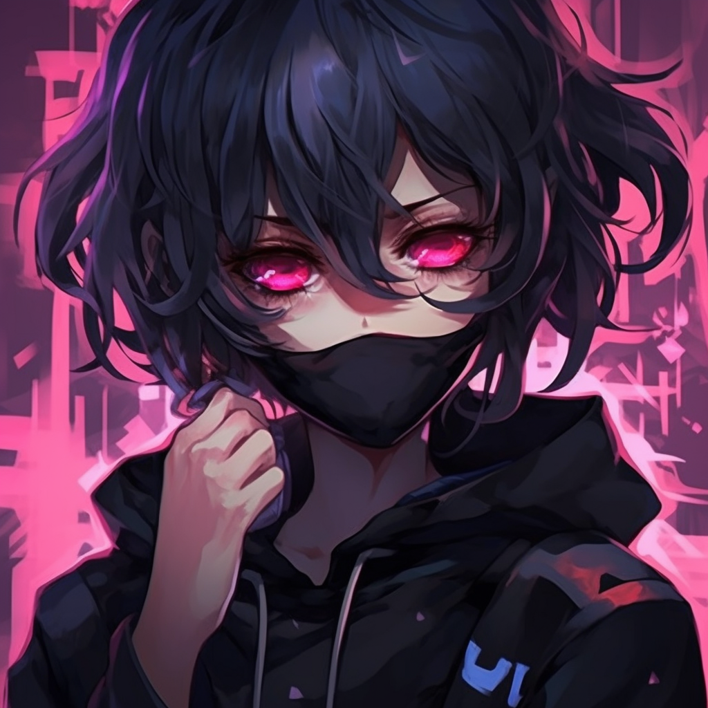 Subdued yet vibrant colors bring a mysterious aura to this female emo anime character with a mask. dark themed emo anime pfp