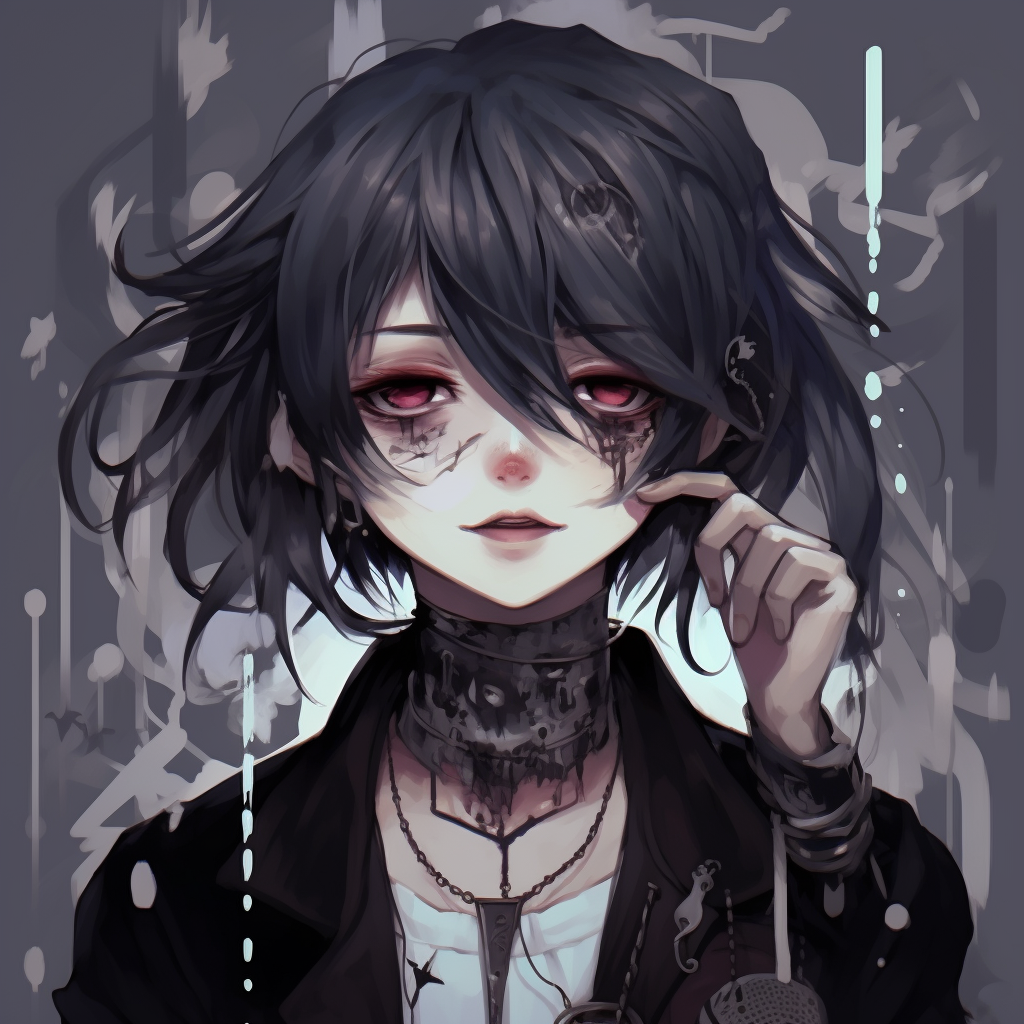 Anime emo character showcasing facial piercings, intricate details on hair strands and jewelry. mysterious emo anime pfp