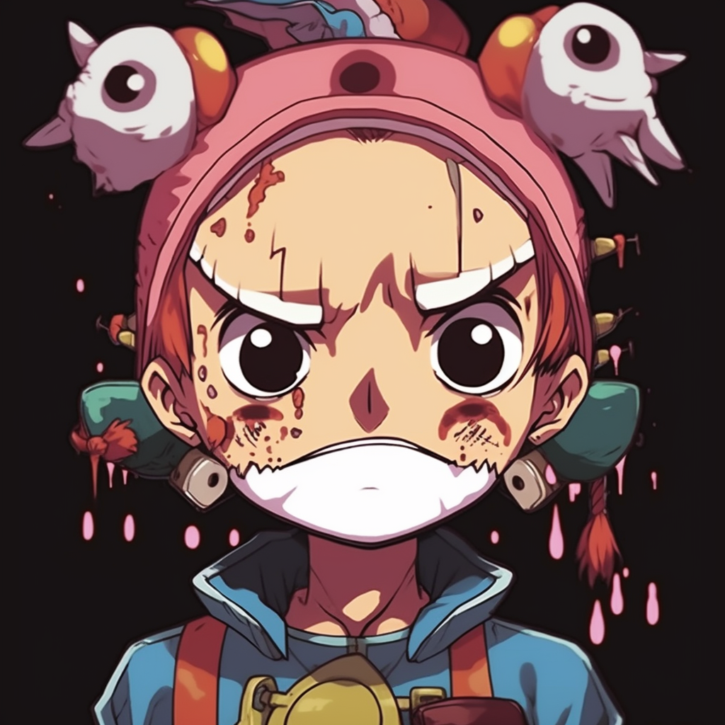 Close-up of Chopper's cute and funny face, emphasis on the curious eyes and snout, brilliant with pastel colors. matched sets of funny anime pfps