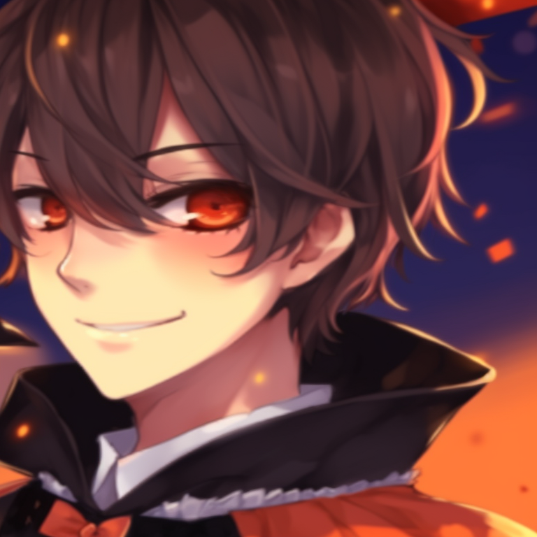 Two anime characters in pumpkin-themed outfits, vibrant orange shades and playful expressions. halloween themed matching couple anime pfp pfp for discord.