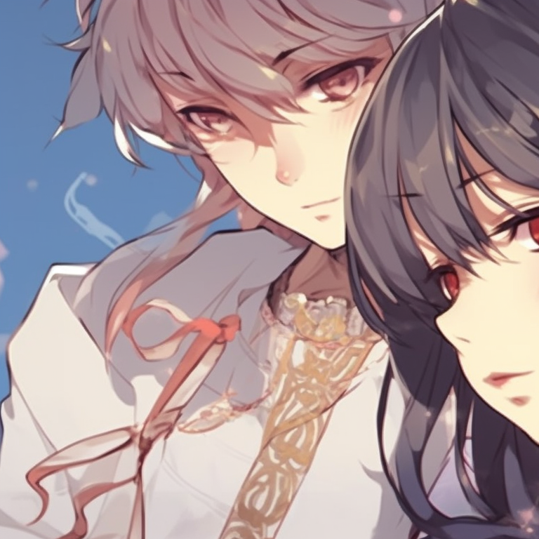 Two characters in subdued light of the setting sun, warm hues with fluid lines, seeming to share a quiet moment. trending anime pfp matching designs pfp for discord.