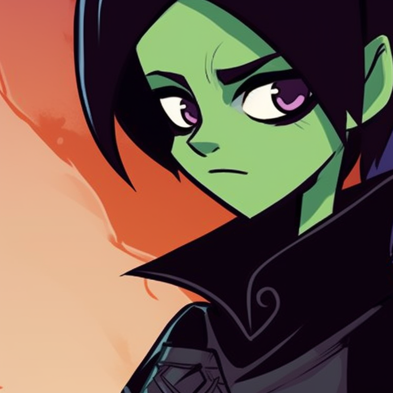 Beastboy and Raven in pumpkin-themed costumes, warm autumn colors with fine stitching details. icons of beastboy and raven in halloween costume pfp for discord.