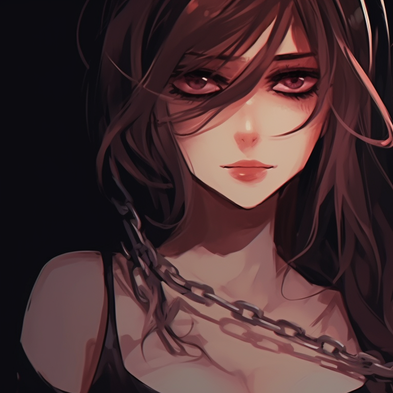 Two characters, hearts linked by chains, gothic attire and intense gaze. perfect matching pfp for couples pfp for discord.