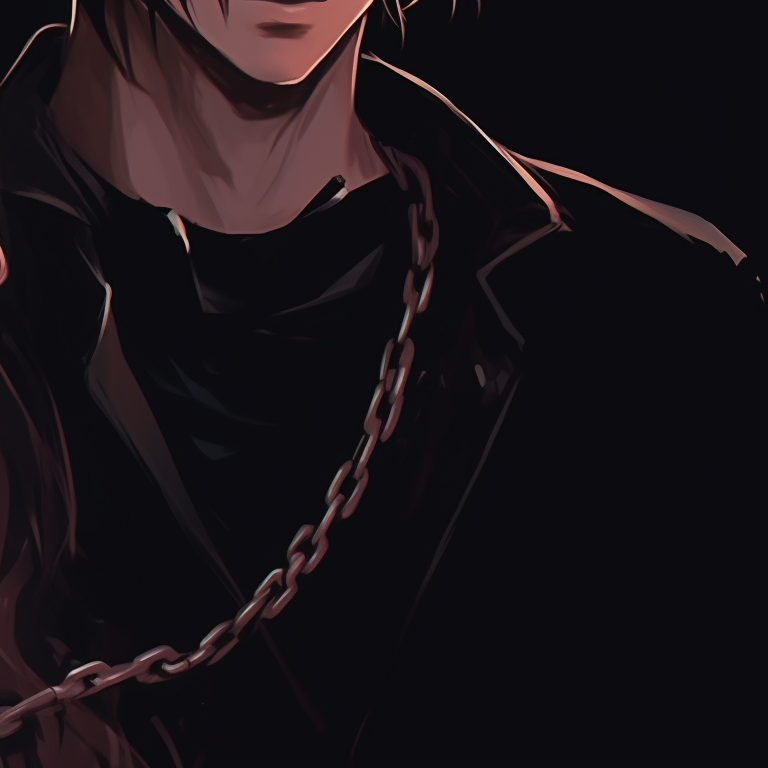Two characters, hearts linked by chains, gothic attire and intense gaze. perfect matching pfp for couples pfp for discord.