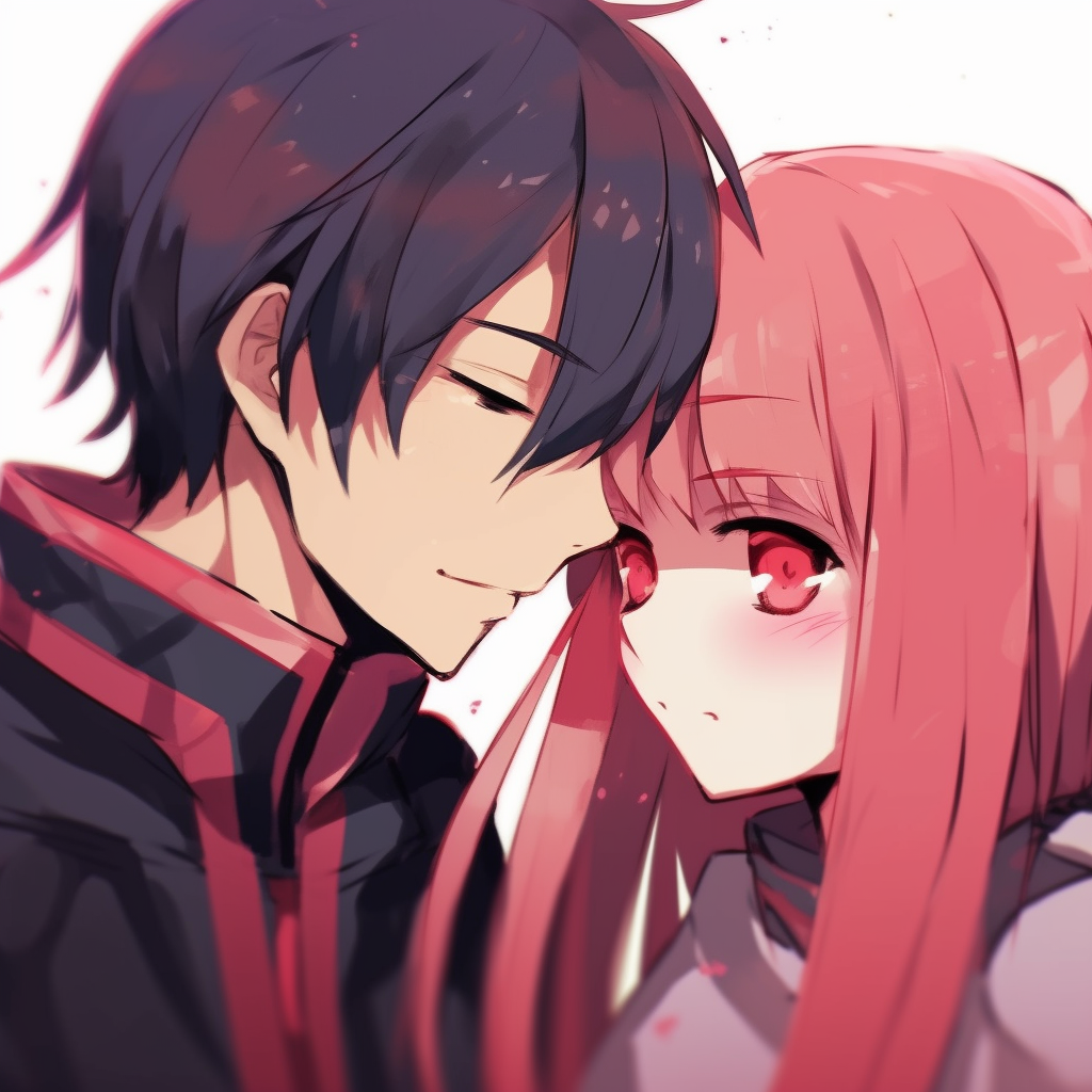 Zero Two in Hiro's arms, warm colors and romantic atmosphere. anime matching pfp couple ideas