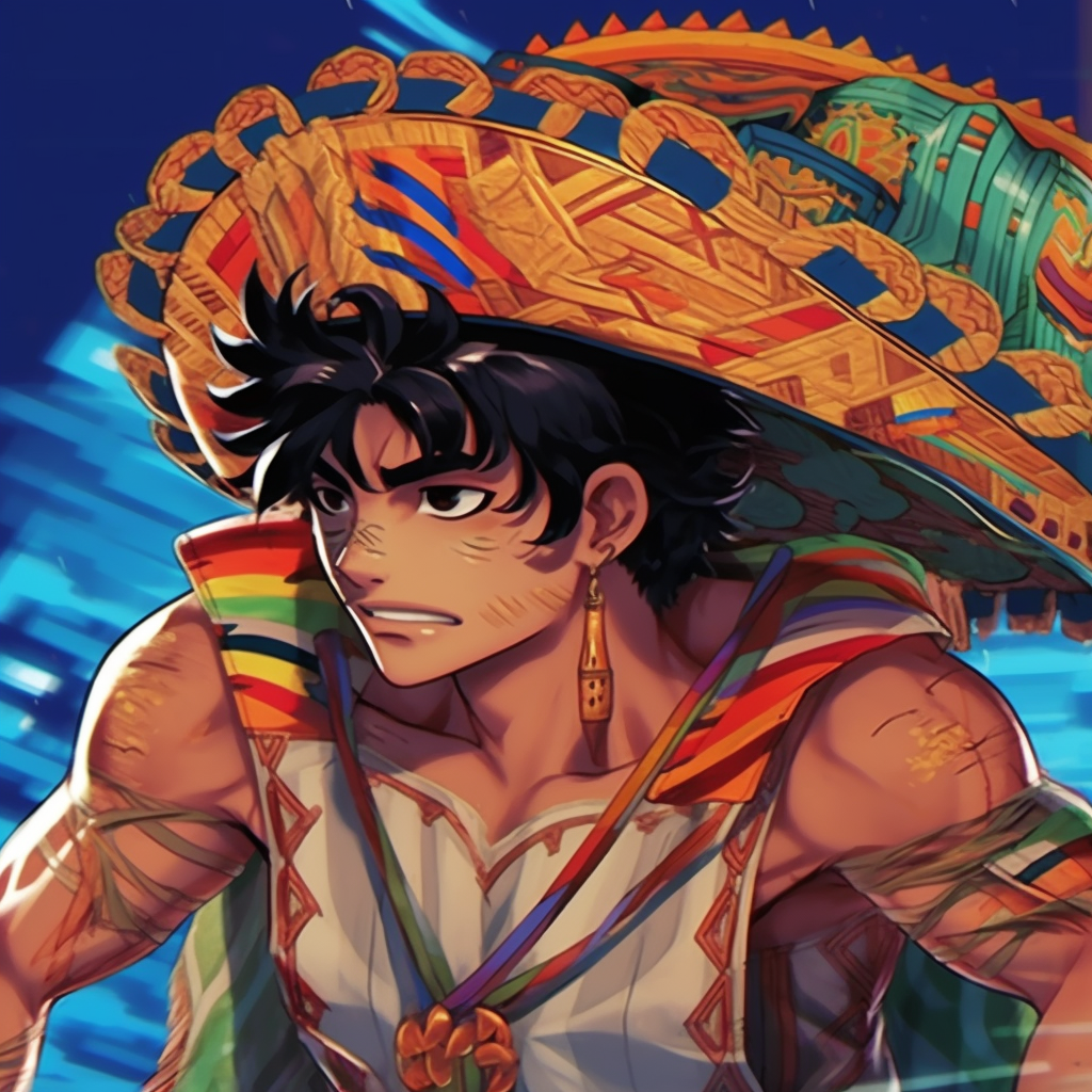 Fierce depiction of an Aztec warrior in anime style, vibrant colors and dynamic pose. inspiring mexican anime pfp designs pfp for discord.