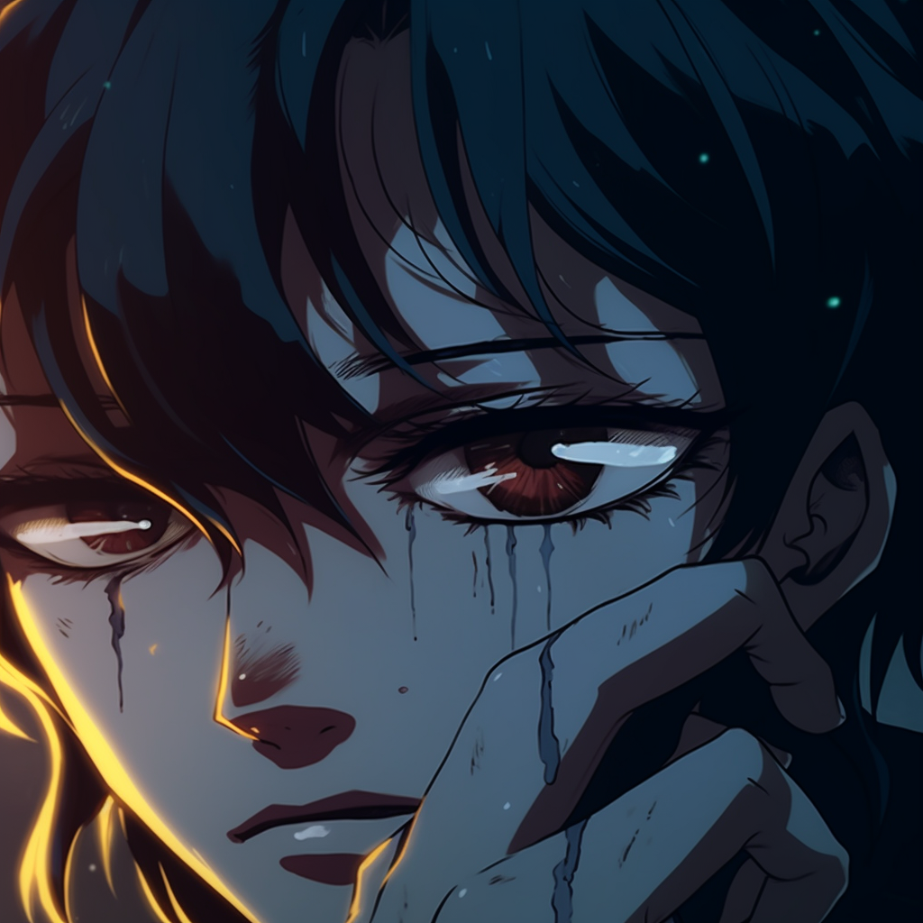 Crying samurai character profile, where traditional and contemporary anime art styles blend. poignant crying anime pfp pfp for discord.