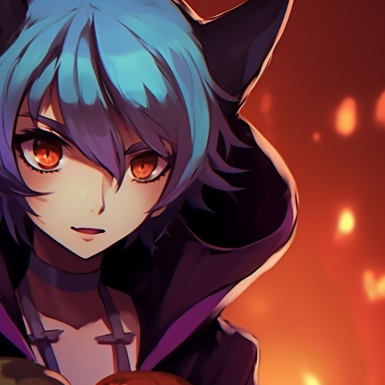 Two demon-like characters, intense expressions, fiery reds and oranges, against a dark background. halloween theme matching pfp for boyxboy pfp for discord.