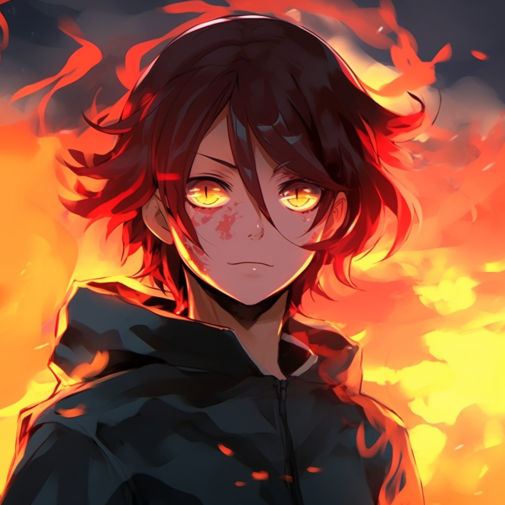 Character with her flaming hair blowing in the wind, dramatic lighting. female fire anime pfp