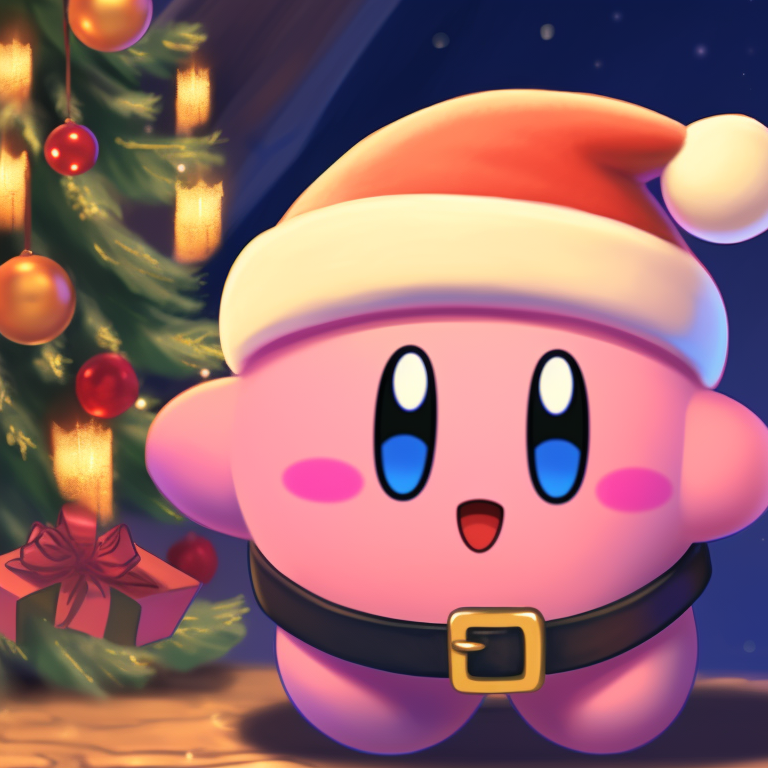 A cluster of Kirby characters, vivid colors and comical style, amidst a festive banquet. matching kirby christmas pfp ideas pfp for discord.