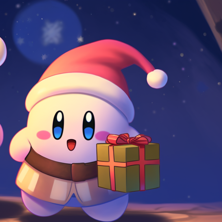 A cluster of Kirby characters, vivid colors and comical style, amidst a festive banquet. matching kirby christmas pfp ideas pfp for discord.