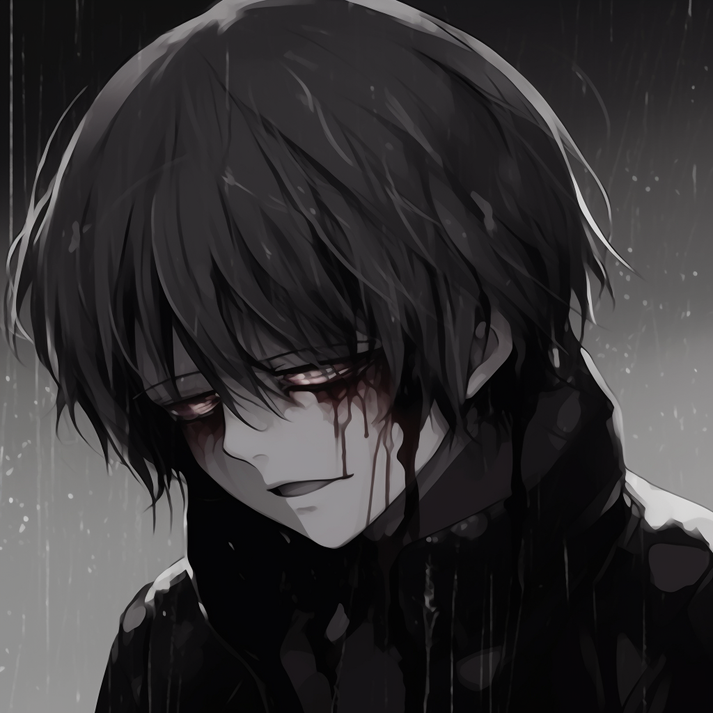 Kaneki Ken from Tokyo Ghoul, monochrome art style with accentuated tears. exclusive anime pfp sad images pfp for discord.