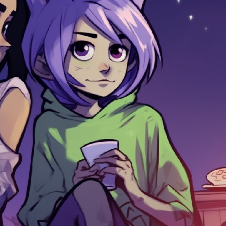 Beastboy and Raven in a friendly conversation, with a penchant of Halloween elements, set in a bedroom scene. beastboy and raven matching pfp in halloween theme sleepover pfp for discord.