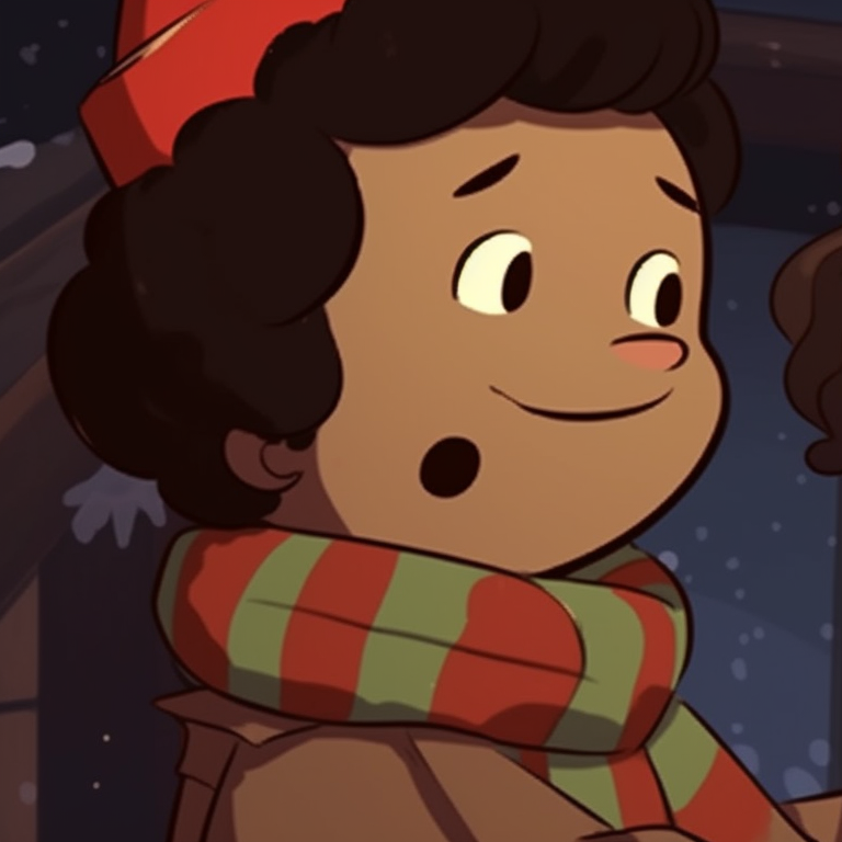 Two characters in snow gear, soft color palette with whimsical snowflakes. matching retro aesthetic cartoon pfp christmas inspirations pfp for discord.