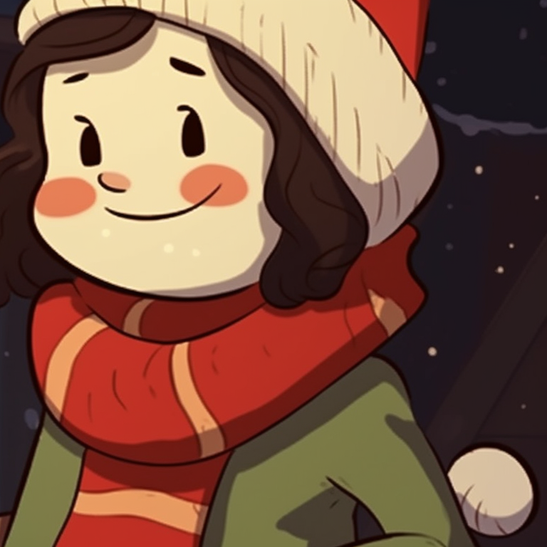 Two characters in snow gear, soft color palette with whimsical snowflakes. matching retro aesthetic cartoon pfp christmas inspirations pfp for discord.