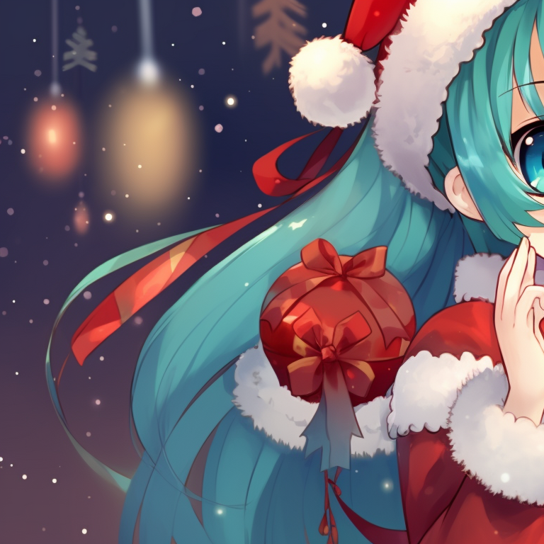 Hatsune Miku in a Christmas outfit, surrounded by a cascade of presents, laughter etched in detailed animation. engaging matching hatsune miku christmas pfp designs pfp for discord.