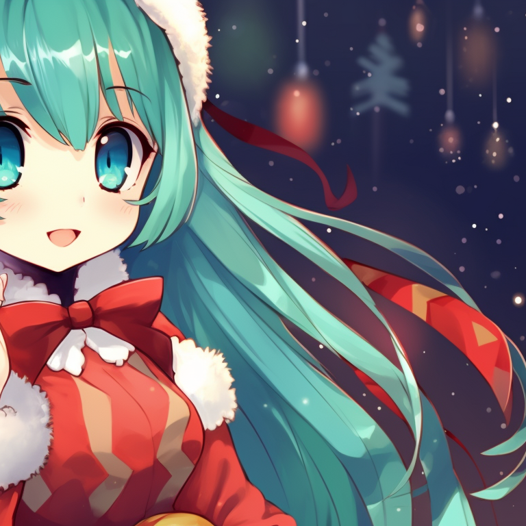 Hatsune Miku in a Christmas outfit, surrounded by a cascade of presents, laughter etched in detailed animation. engaging matching hatsune miku christmas pfp designs pfp for discord.