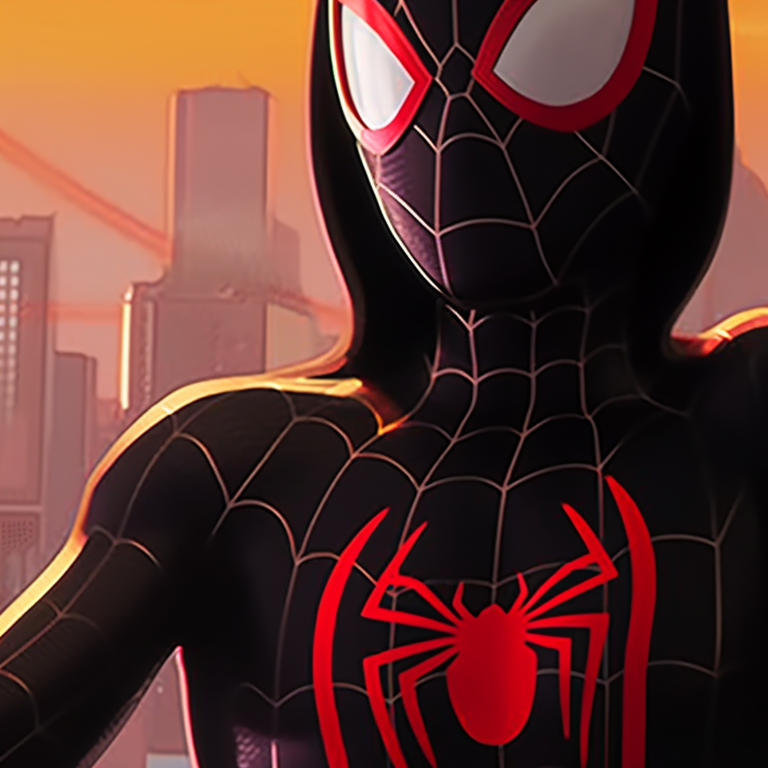 Miles Morales and friend, in Halloween-themed Spider-Man costumes, soaring above an eerie cityscape. miles morales halloween themed pfps pfp for discord.