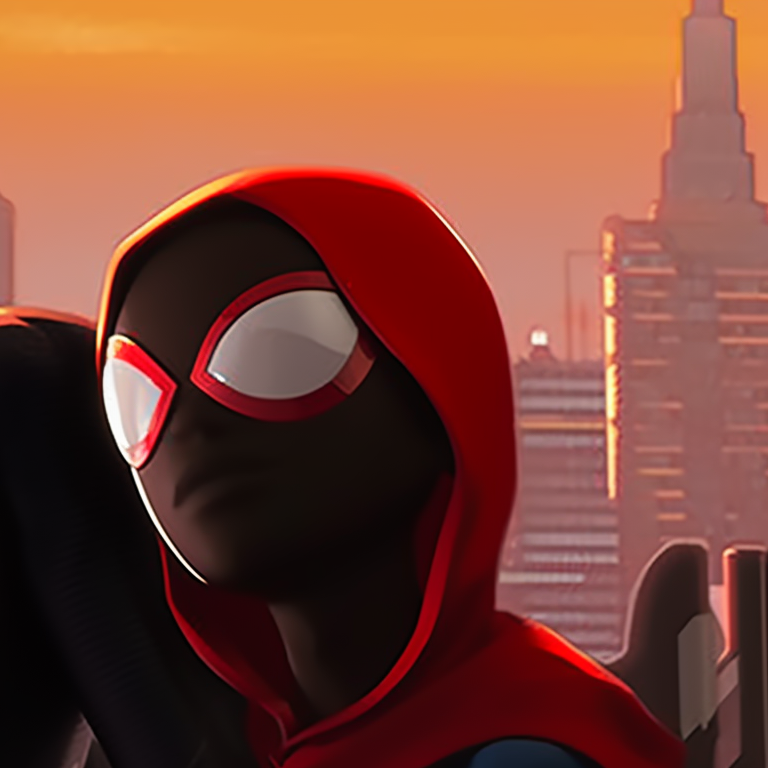 Miles Morales and friend, in Halloween-themed Spider-Man costumes, soaring above an eerie cityscape. miles morales halloween themed pfps pfp for discord.