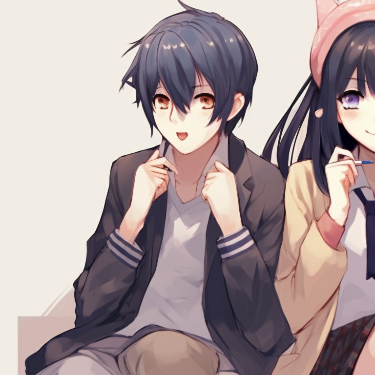 Three characters, interlocking gazes, sunset in the background. trio matching profile photos for friends pfp for discord.