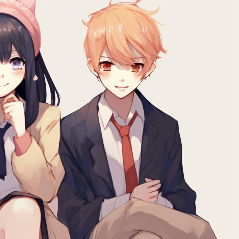 Three characters, interlocking gazes, sunset in the background. trio matching profile photos for friends pfp for discord.