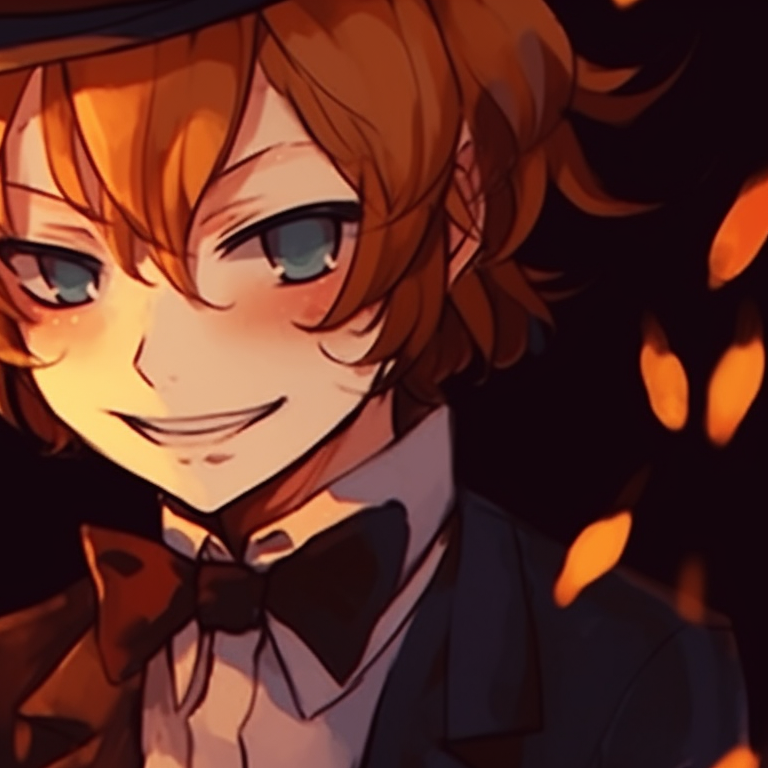 Dazai and Chuuya, bearing a ghoulish grin, in vivid halloween themed colors. dazai and chuuya anime art halloween pfp for discord.