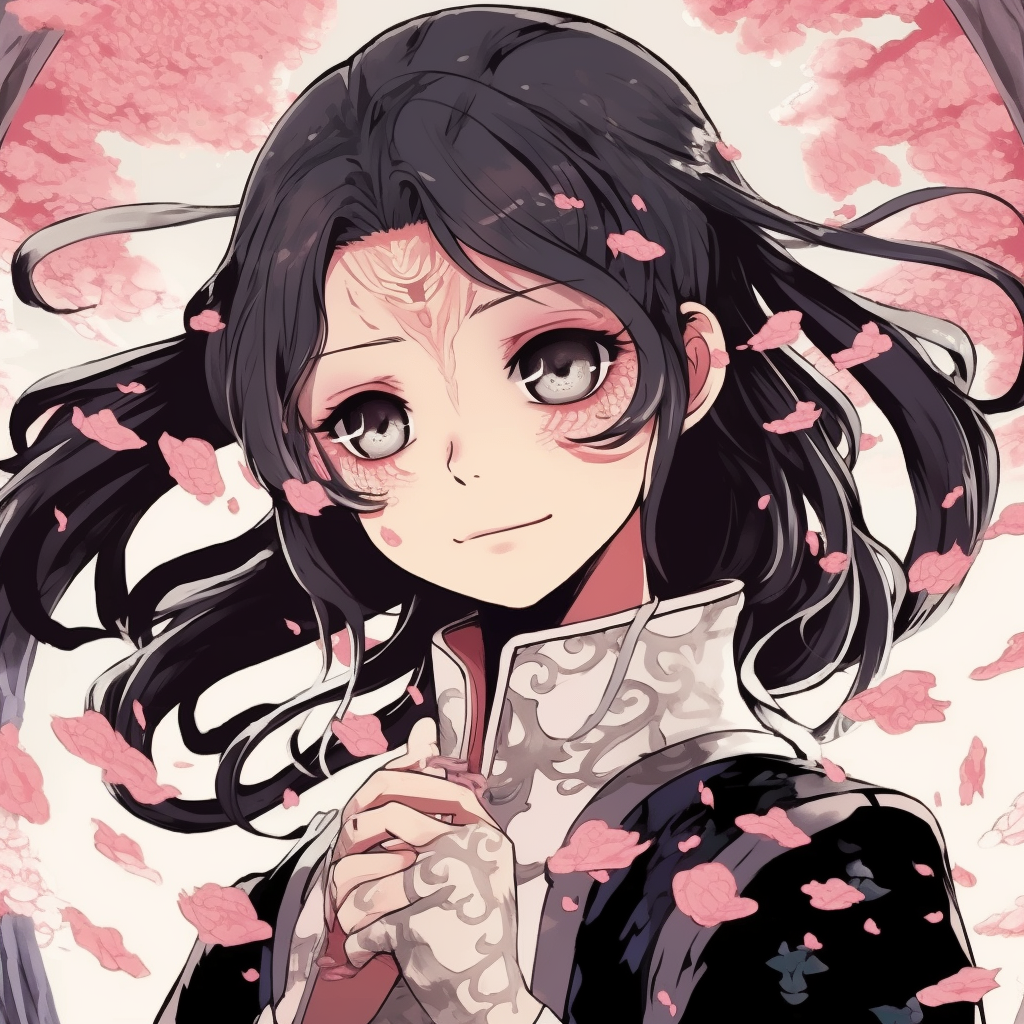 Nezuko Kamado from Demon Slayer, cherry blossom hues and intricate details. top rated anime manga pfp