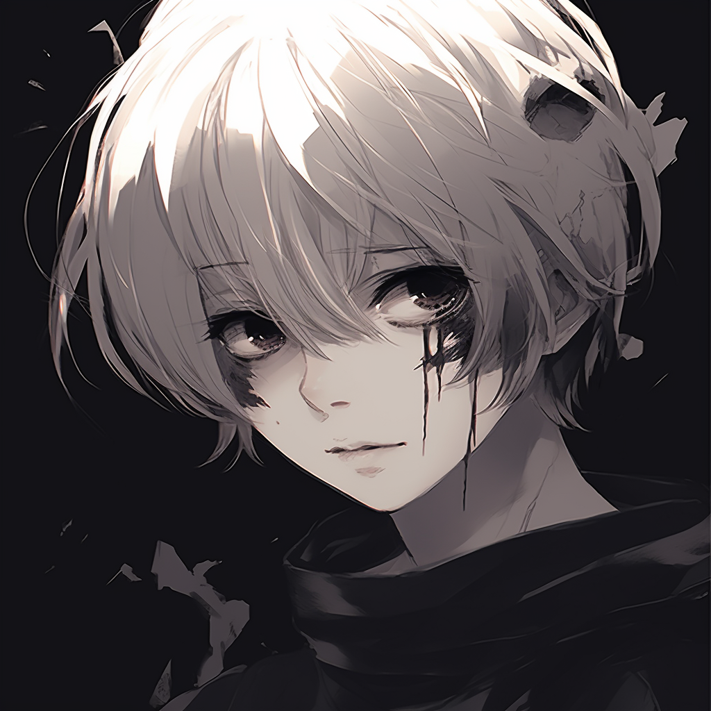 Kaneki with striking red accents, stark contrast and dramatic composition. best anime aesthetic pfp collections