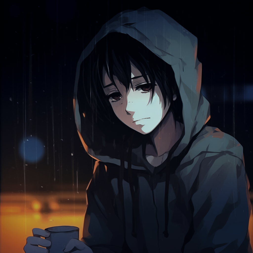 Anime character in a saddened state with a rainy environment, with subdued tones and smooth textures. anime depressed pfp: unique variants pfp for discord.