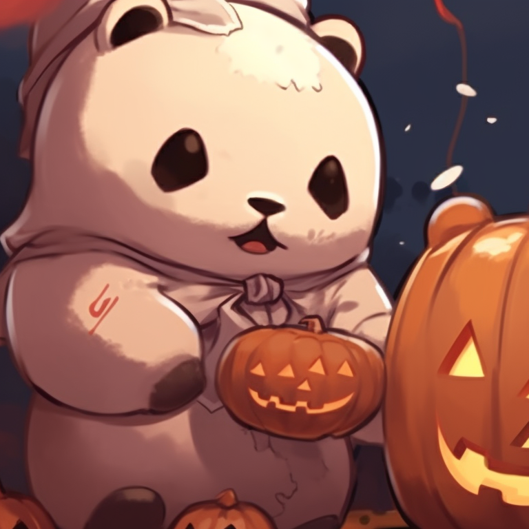Two bear characters, one Mocha and one Milk, on a jack-o-lantern lit spooked alley. mocha bear and milk bear halloween themed matching pfp pfp for discord.