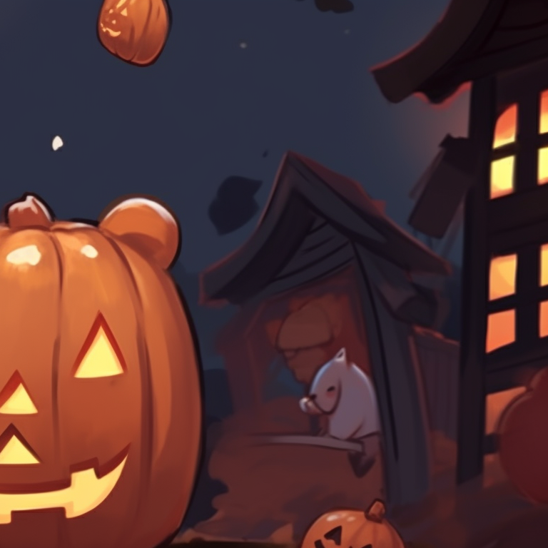 Two bear characters, one Mocha and one Milk, on a jack-o-lantern lit spooked alley. mocha bear and milk bear halloween themed matching pfp pfp for discord.