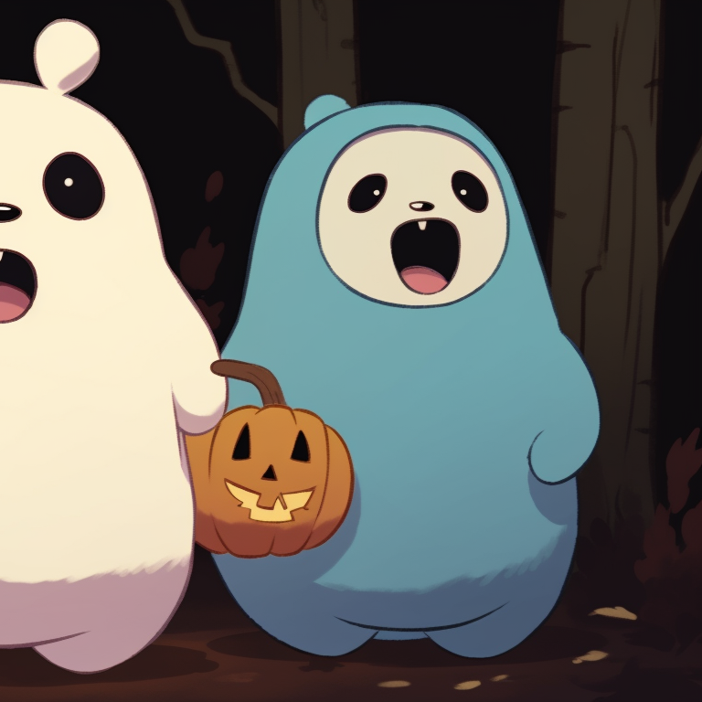 Three characters in Halloween costumes, vibrant colors and a rustic pumpkin. we bare bears halloween pfp gallery pfp for discord.