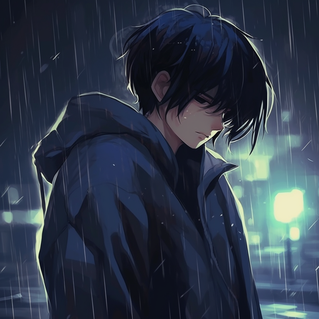 Anime boy holding an umbrella, dynamic composition and fluid lines. emotive depressed pfp boys