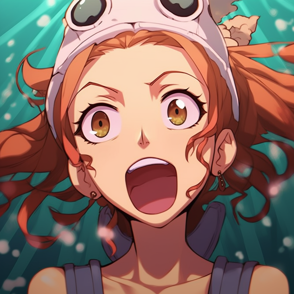 Nami from One Piece captured in a hilarious moment, colorful style and kinetic linework. girls with hilarious anime pfps