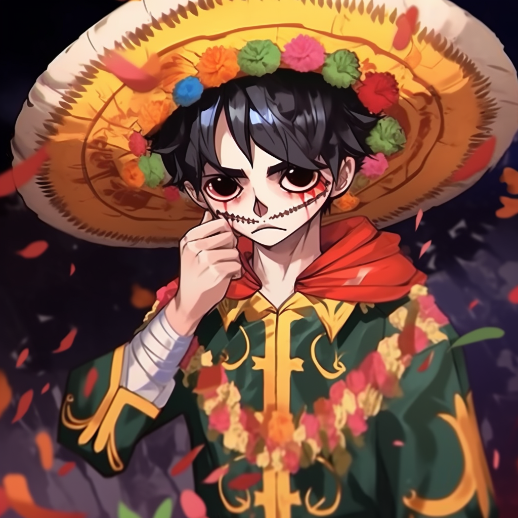 Anime boy donned in a serape, bold patterns and warm colors. mexican anime pfp boys pfp for discord.