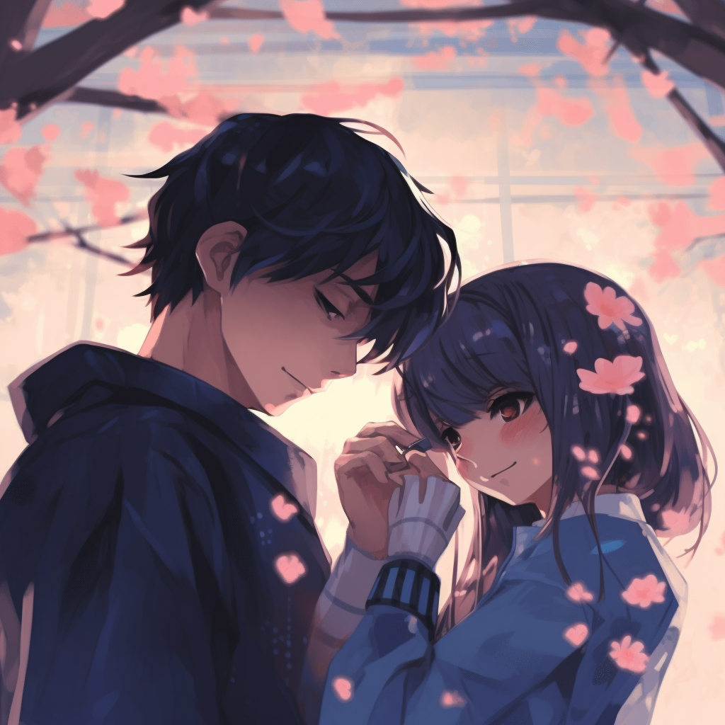 Anime couple sharing a quiet moment under a shower of cherry blossoms, with vibrant colors and a springtime aesthetic. sweet moments in couple anime matching pfp pfp for discord.