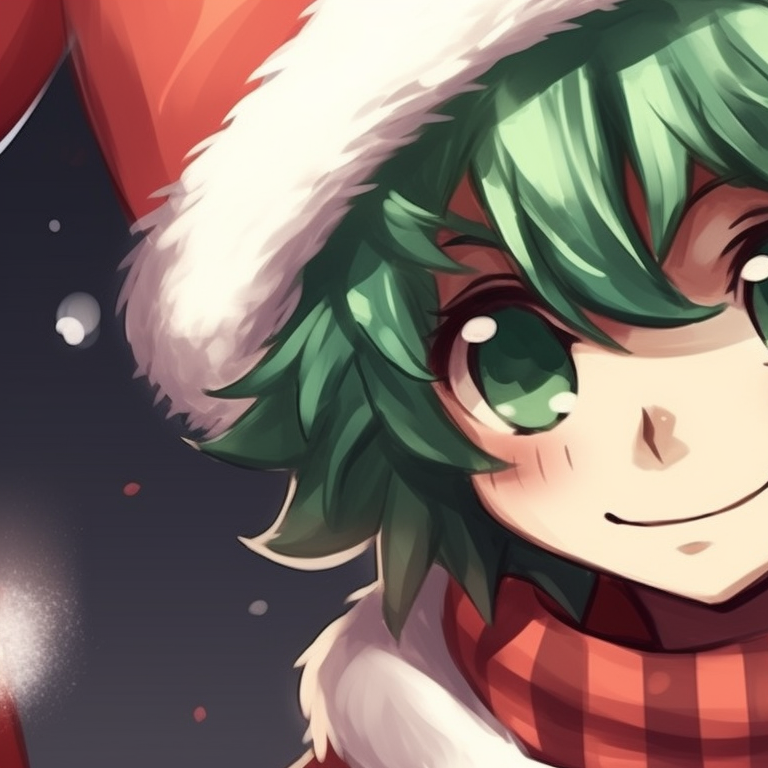 Two characters with bright red cherry Christmas accessories in their hair, gentle smiles exchanged in the midst of a festive background. cute christmas my hero academia pfps pfp for discord.