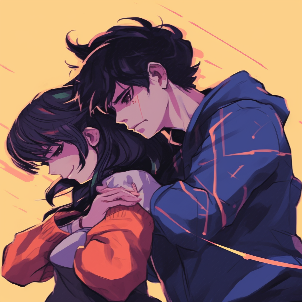 Anime couple in traditional Japanese clothing, intricate patterns and vibrant color scheme. animated matching couple pfp