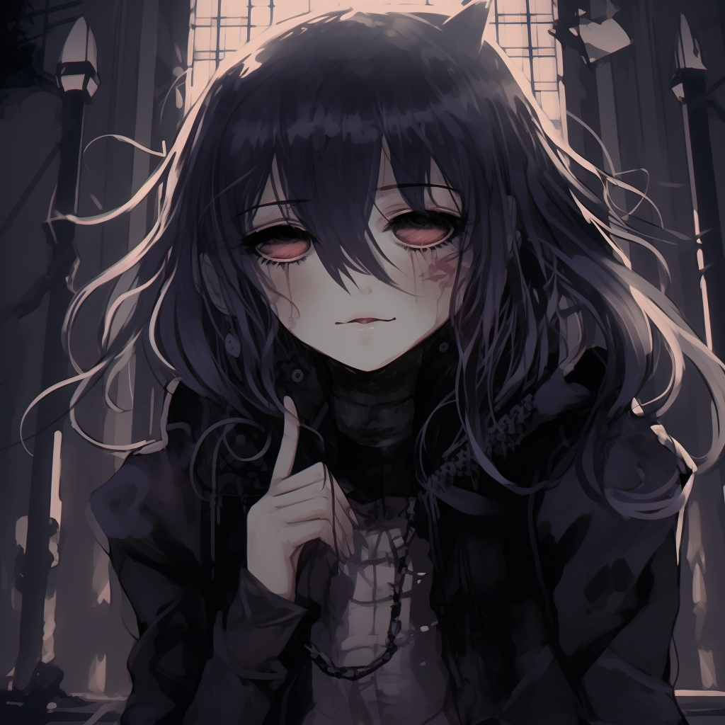 The anime girl with gothic style appears lost in thought, emphasizing on detailed facial expressions and thematic color scheme. goth anime girl visuals pfp for discord.