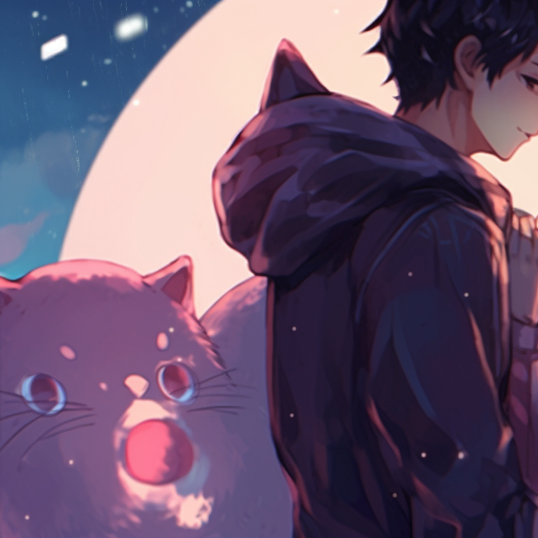 Two characters in a tender pose, with pastel background and intricately designed accessories. real-life match pfp for couples pfp for discord.