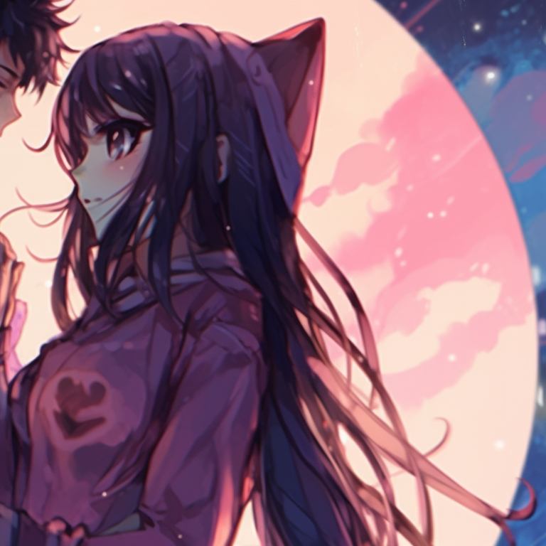 Two characters in a tender pose, with pastel background and intricately designed accessories. real-life match pfp for couples pfp for discord.