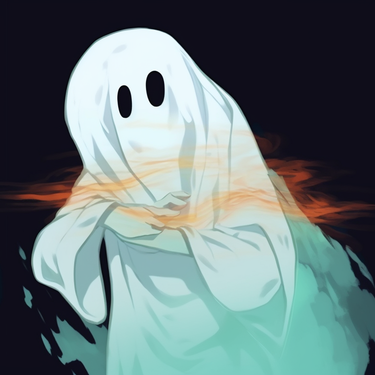 Two characters transformed into specters, bold lines and spectral air, haunting each other. animated ghost for halloween theme pfp for discord.