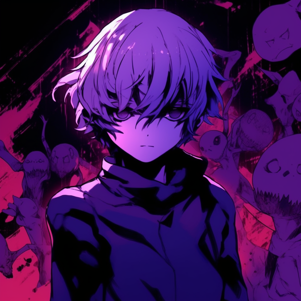 Silhouettes of Tokyo Ghoul characters against an abstract purple backdrop, vivid colors and simplified design. top-notch purple anime wallpapers