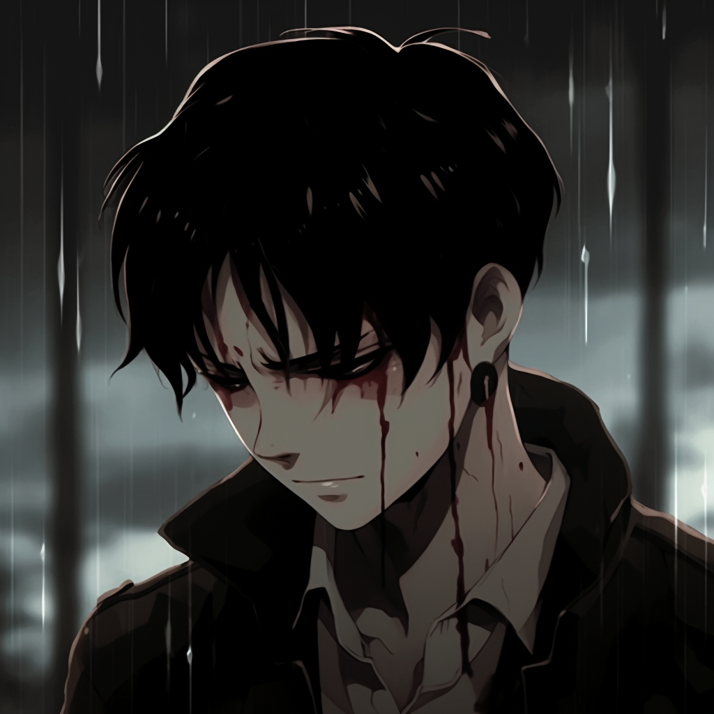 Levi from Attack on Titan depicted in a moment of sorrow, dark colors and realistic shading. crying anime pfp wallpapers pfp for discord.