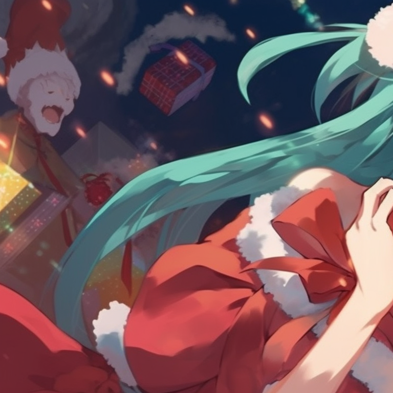 Hatsune Miku singing Christmas carols, styled in vivid colors and soft lines. engaging matching hatsune miku christmas pfp designs pfp for discord.