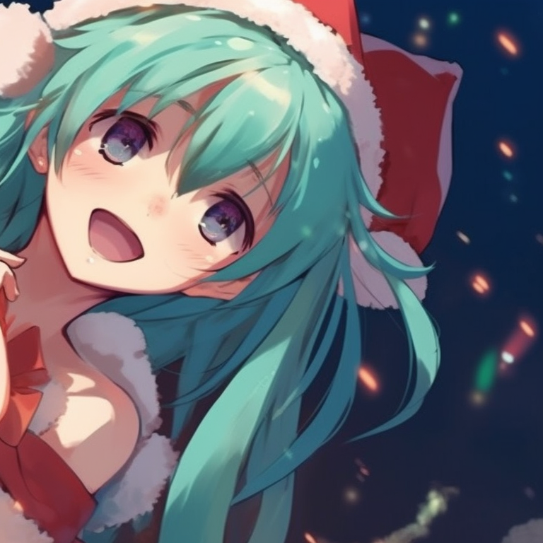 Hatsune Miku singing Christmas carols, styled in vivid colors and soft lines. engaging matching hatsune miku christmas pfp designs pfp for discord.